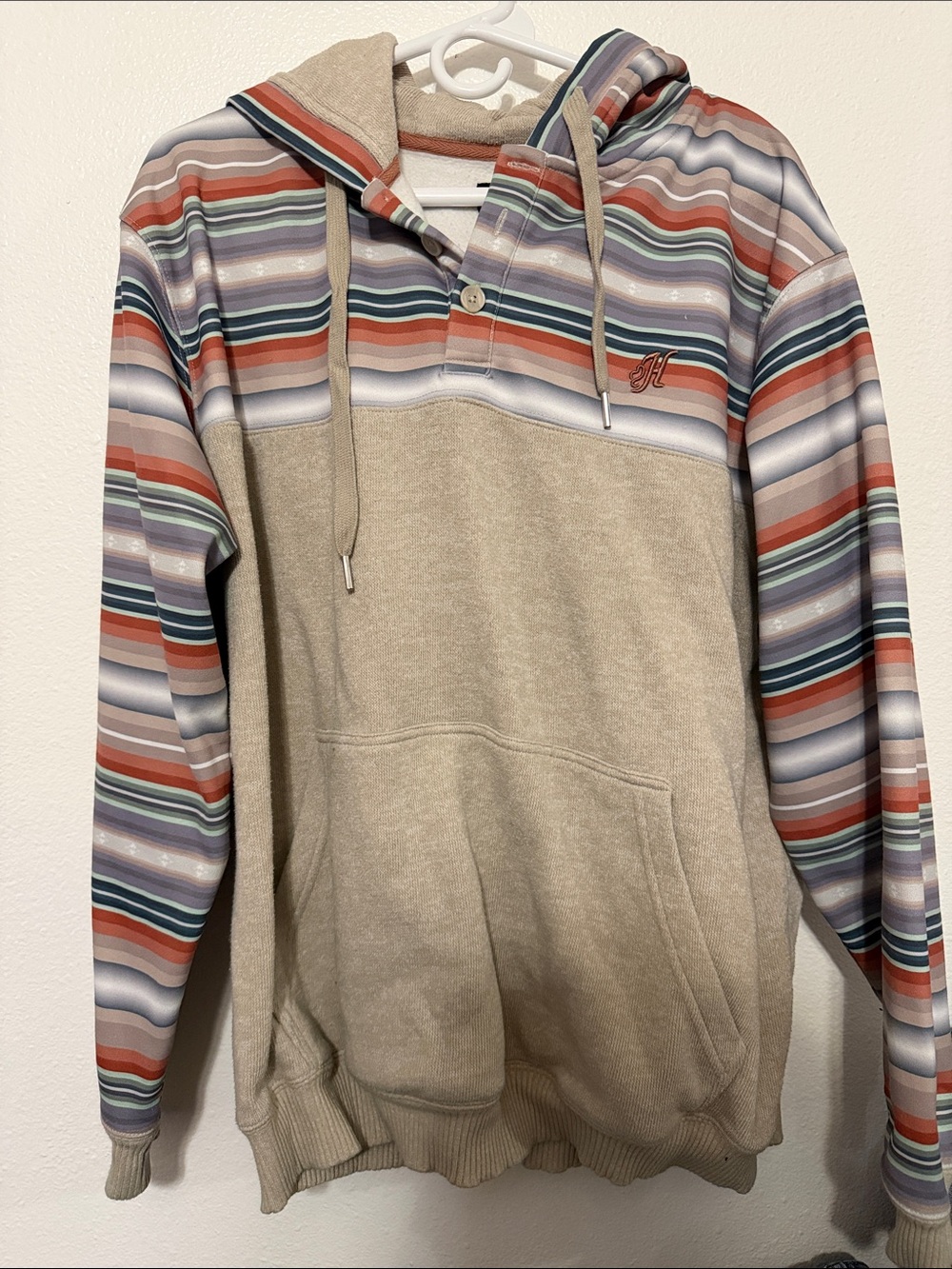 Hooey Tan Hoodie with Multicolor Striped Sleeves